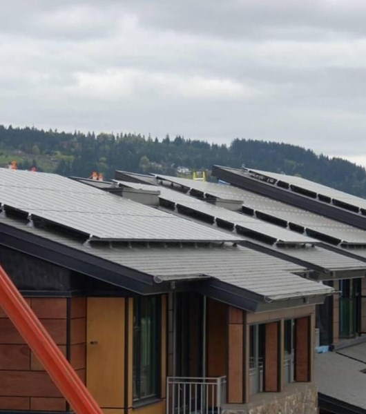Steep-slope metal roof on appartment building